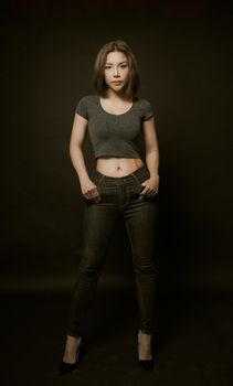 Stylish young woman posing confidently in high heels and denim on a dark background.