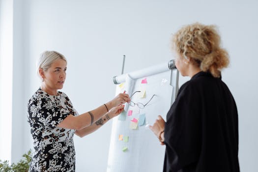 Two professional women discussing ideas at a business meeting using a flip chart.