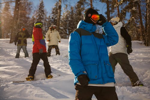 Gruppe Von Menschen In Bubble Jackets Skifahren In Den Bergen