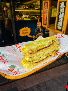 Savory grilled sandwich at a vibrant street food stall, perfect for city dining