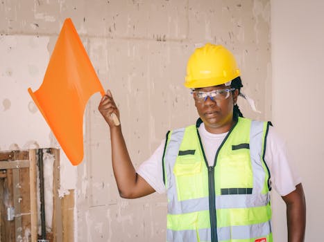 Female construction worker in safety gear with orange flag indoors, showcasing occupational safety.