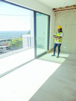 Engineer in safety gear overlooks a bright, empty room with city view.
