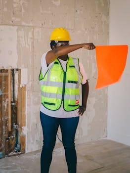 A construction worker in safety gear holding a flag for signaling inside a building.