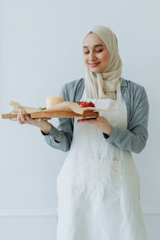 Smiling Muslim woman in hijab holding a wooden tray with fresh ingredients, including cheese and tomatoes.