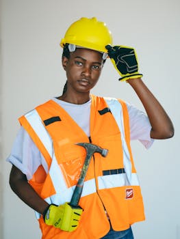 Black female construction worker with a hammer and safety gear in a studio shot.