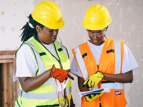Two engineers in safety gear review construction plans, showcasing teamwork and safety.