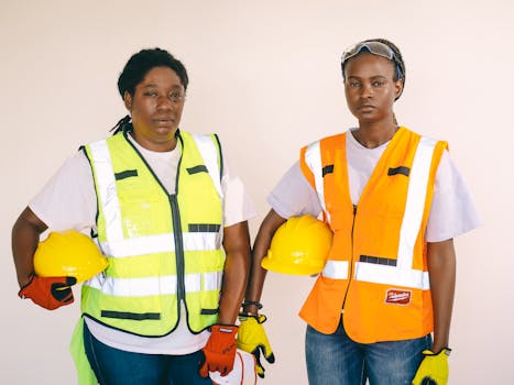 Two women wearing safety vests and helmets at a construction site.