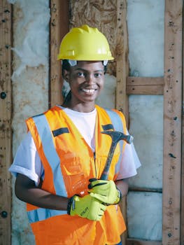Female construction worker in protective gear, smiling with a hammer indoors.