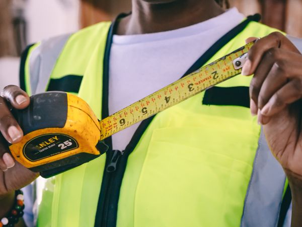 Engineer measuring floor panels with a tape measure