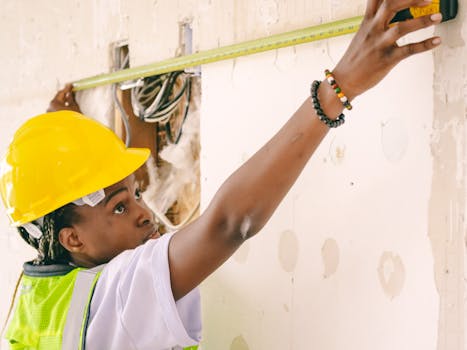 A female engineer using a measuring tape on a construction wall, wearing a hardhat.