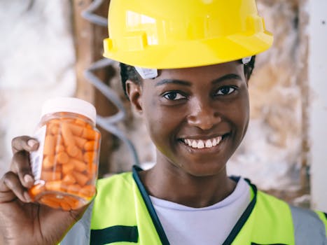 Smiling African American construction worker holding ear plugs and wearing PPE.