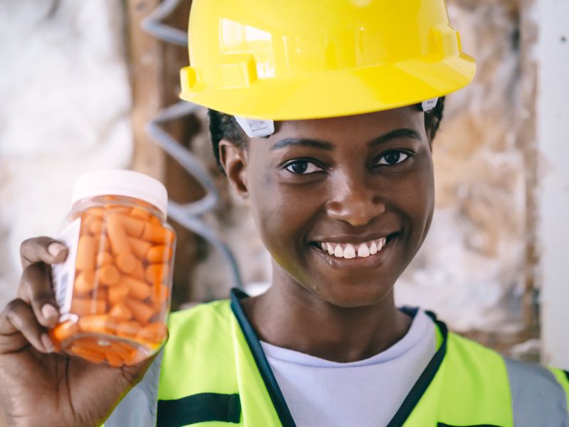 Smiling construction worker holding ear plugs and wearing PPE