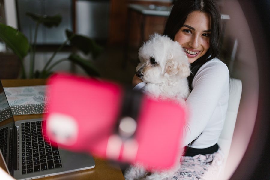 Person relaxing at home on a phone with their dog beside them on the couch