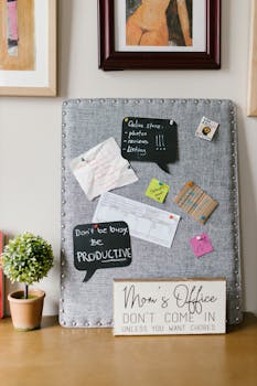 Stylish home office featuring a gray notice board with motivational messages and notes.