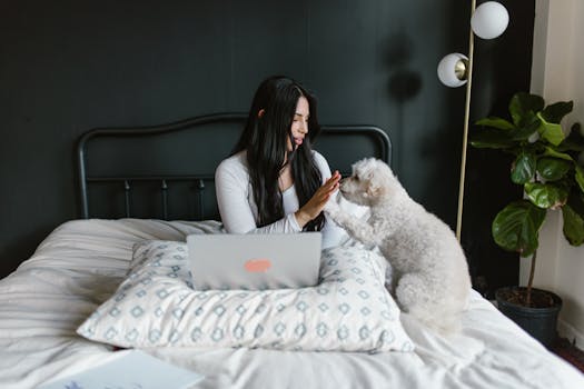 A woman working from home on a laptop, sharing a joyful moment with her pet dog on the bed.