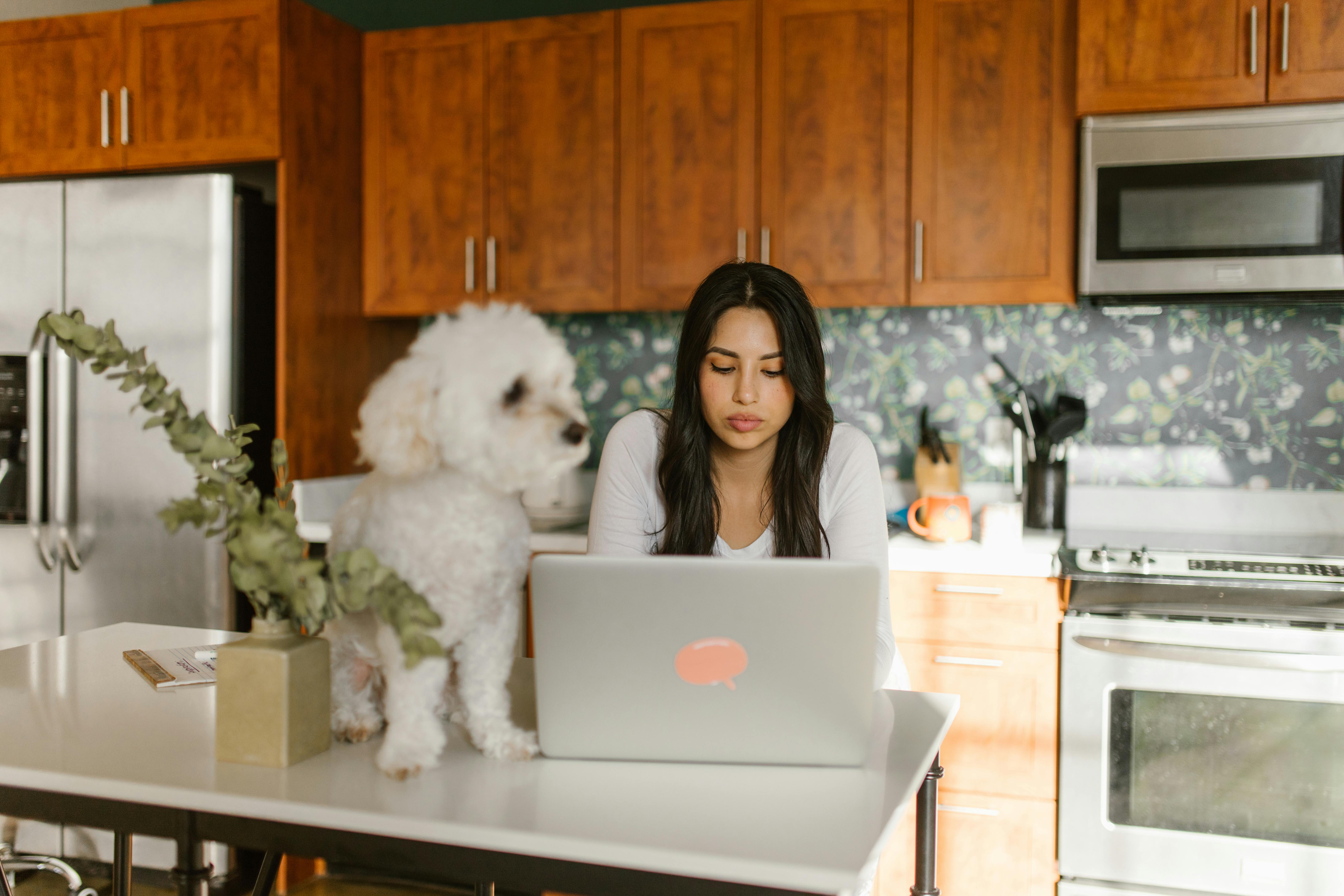 A woman using a laptop at a kitchen table with her dog beside her, working from home.