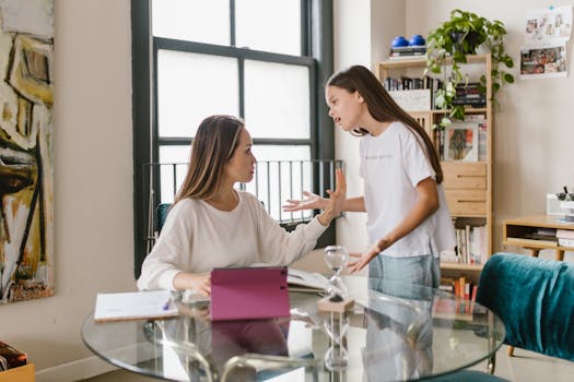 A mother and daughter having a disagreement in a home office setting, symbolizing work-life balance challenges.