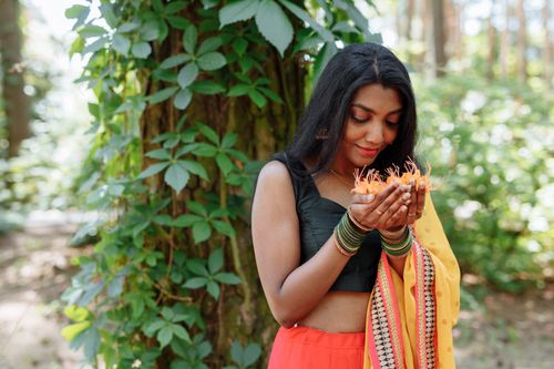 Free A young Indian woman in traditional attire enjoying the fragrance of flowers in a lush forest setting. Stock Photo