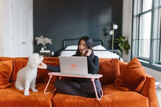 A woman with a toy poodle works on a laptop from her cozy living room.