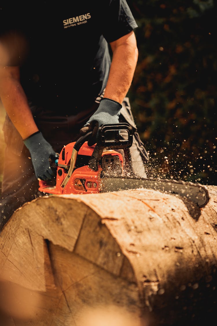 A Person Cutting A Log 