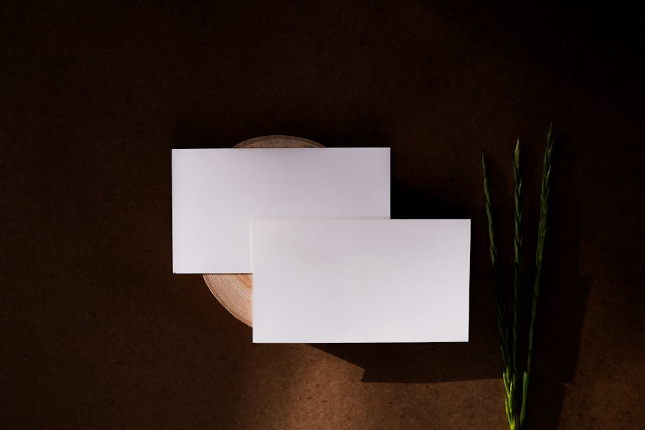 Top view of white cards on a brown background with a wooden plank and green stalks, minimalist style.