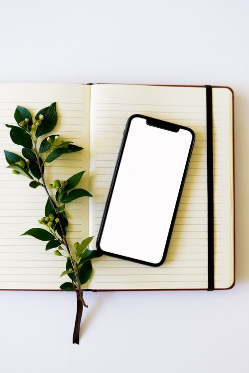 Free Top view of a smartphone with blank screen on a notebook with greenery, white background. Stock Photo