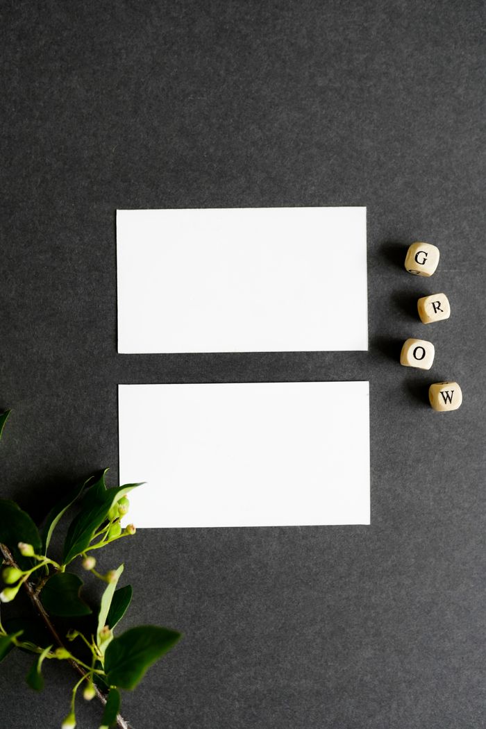Tarjetas en blanco junto a letras de madera y una rama verde