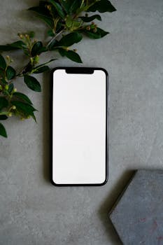 Top view of a smartphone mockup on a concrete background with green leaves.