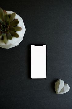 Minimalist layout featuring a smartphone, succulent plant, and stone heart on a black background.