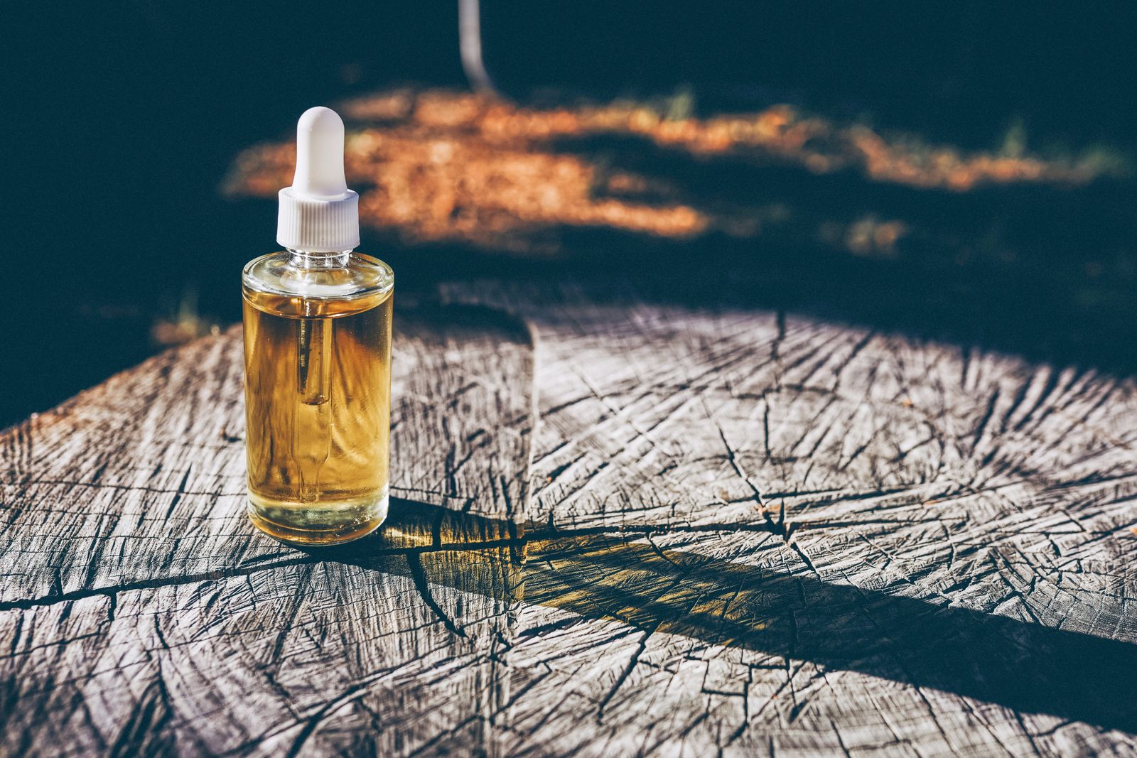 Glass dropper bottle filled with golden oil resting on a textured tree stump in bright sunlight