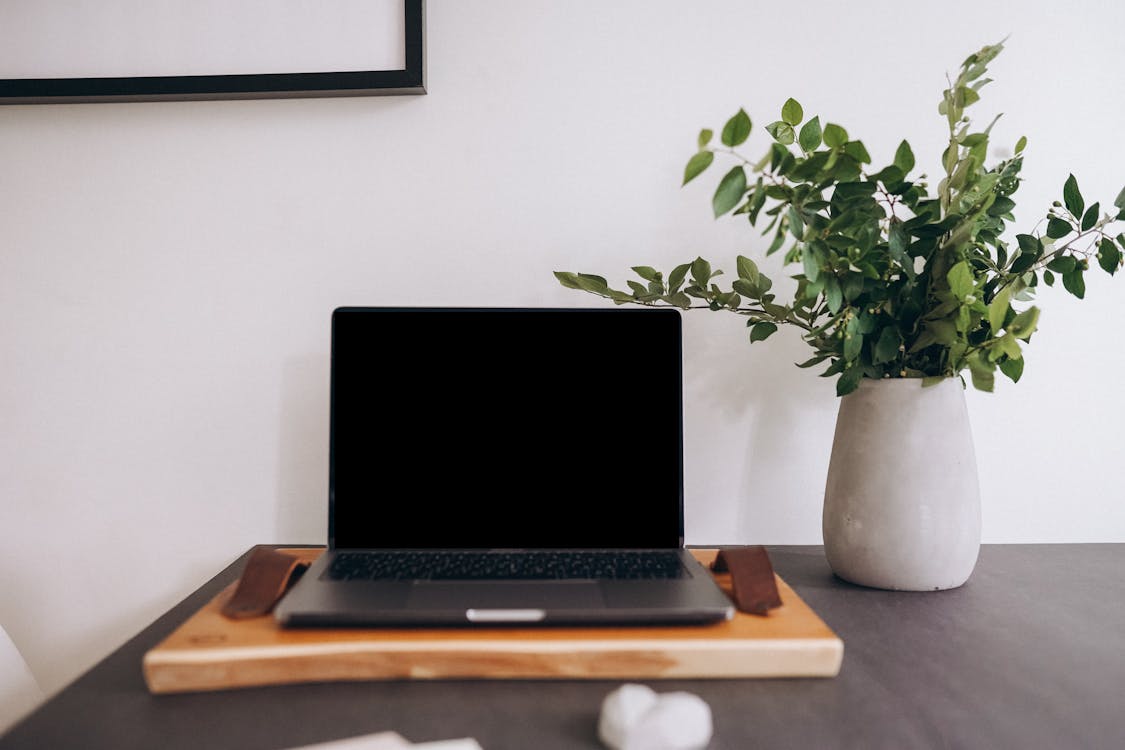 Vase standing next to a laptop