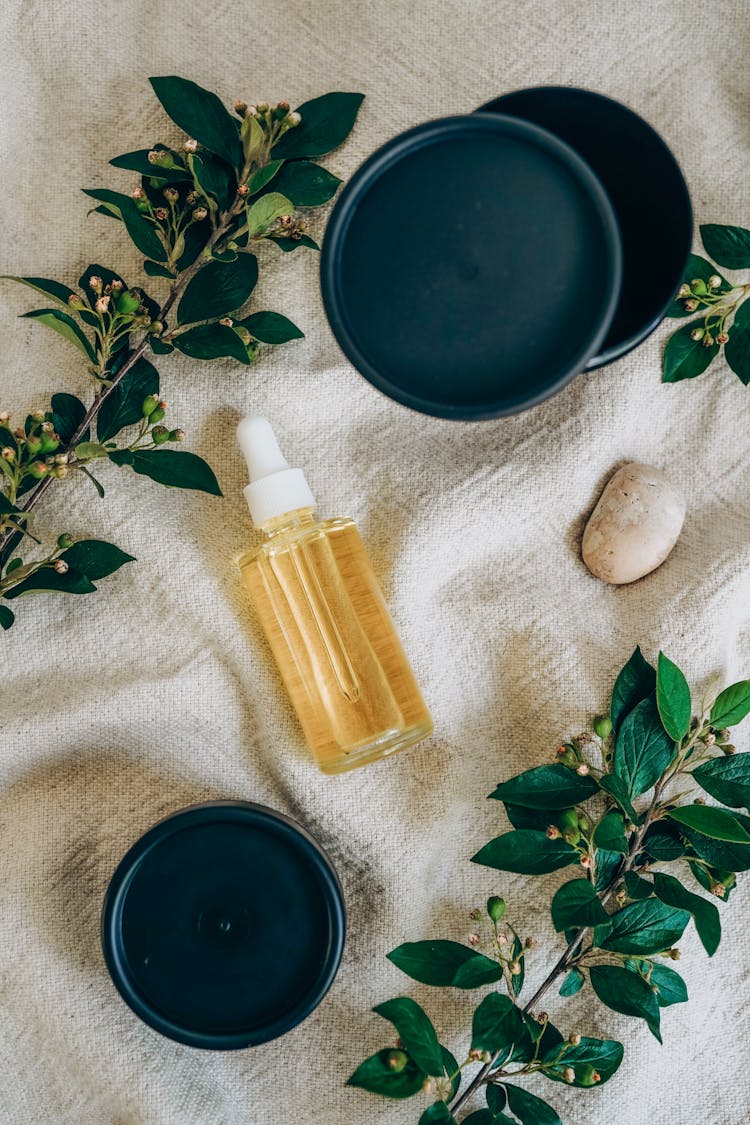 Green Leaves On Branches Near The Glass Serum Bottle