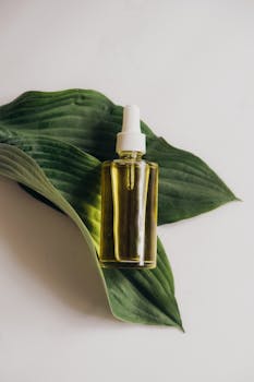 A glass serum bottle on a hosta leaf, perfect for natural skincare product promotions.