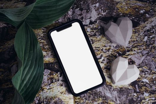 A smartphone with a blank screen on a textured surface amidst green leaves and heart-shaped stones.