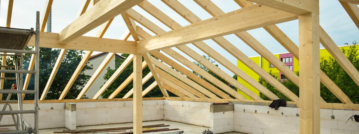 Timber roof frame of an extension under construction (stock image)