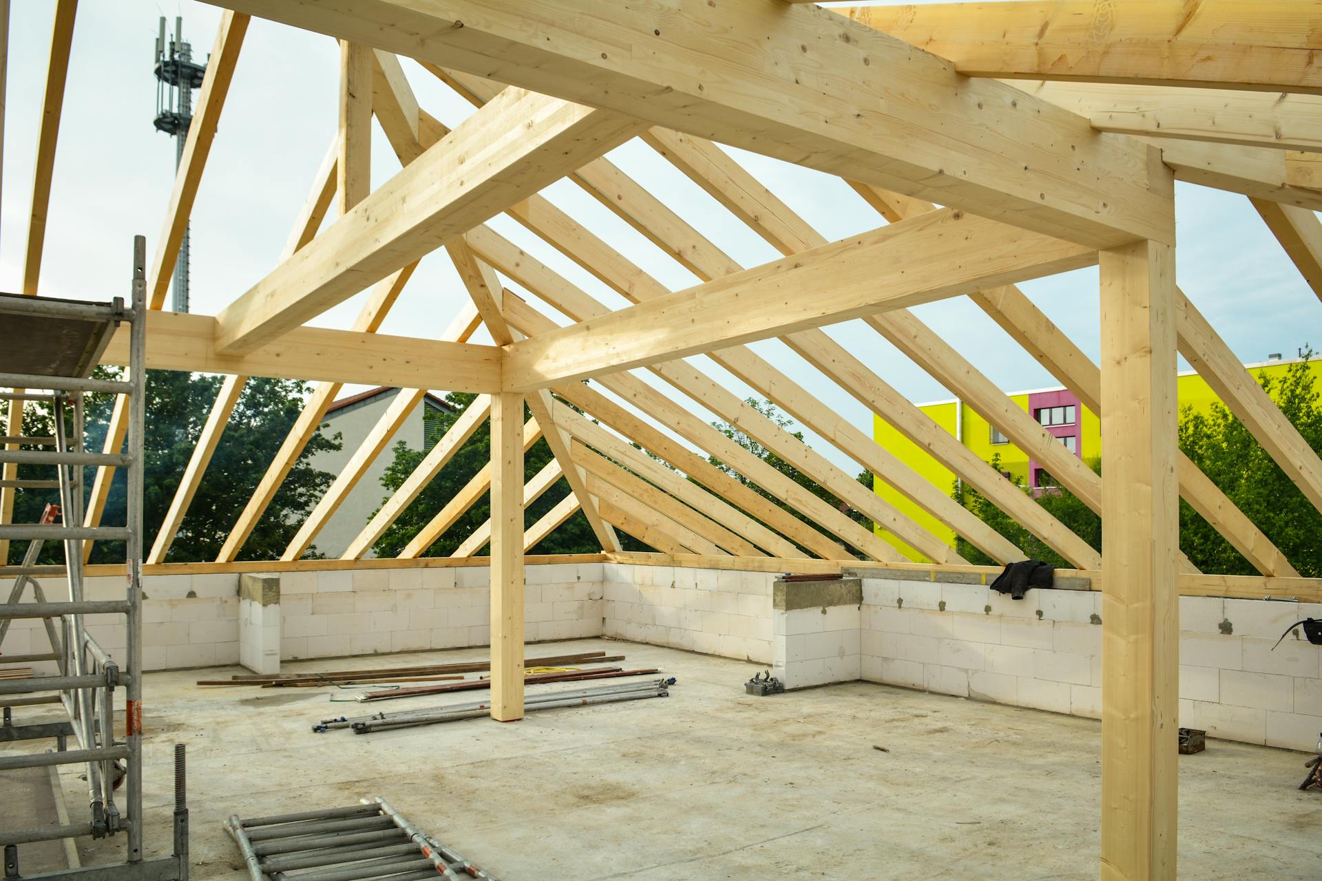 Wooden Frame of Roof on Concrete Building