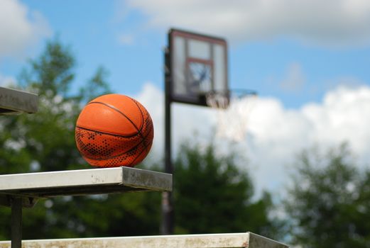A close-up of a basketball and hoop in an outdoor court setting with lush greenery.
