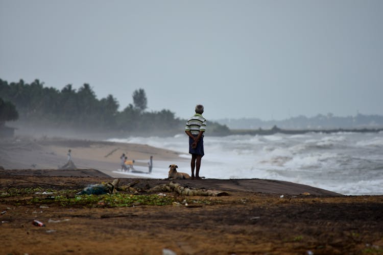 Man And His Dog Standing On Beach During Storm