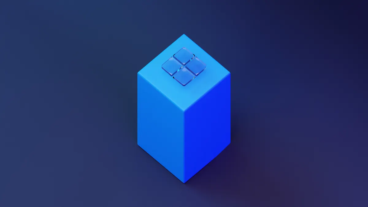 Geometric 3D render of a blue cube with glass panels on top, against a blue background.