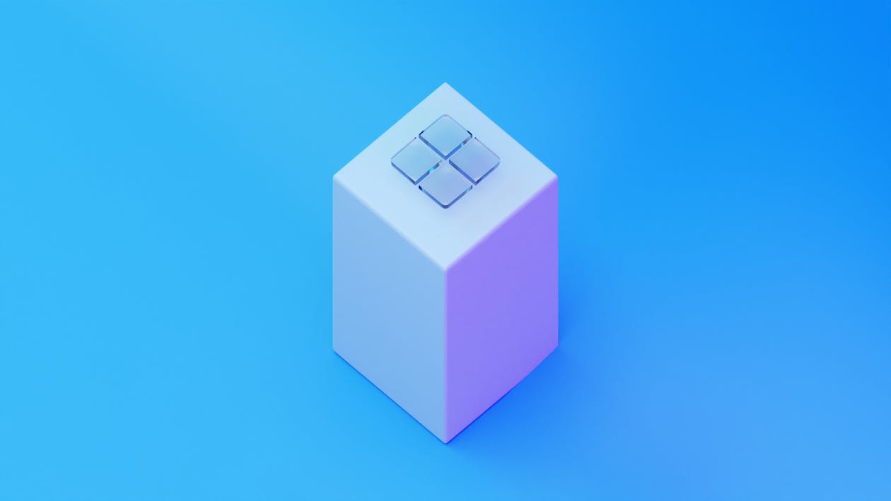 White Cube with Buttons on Blue Background