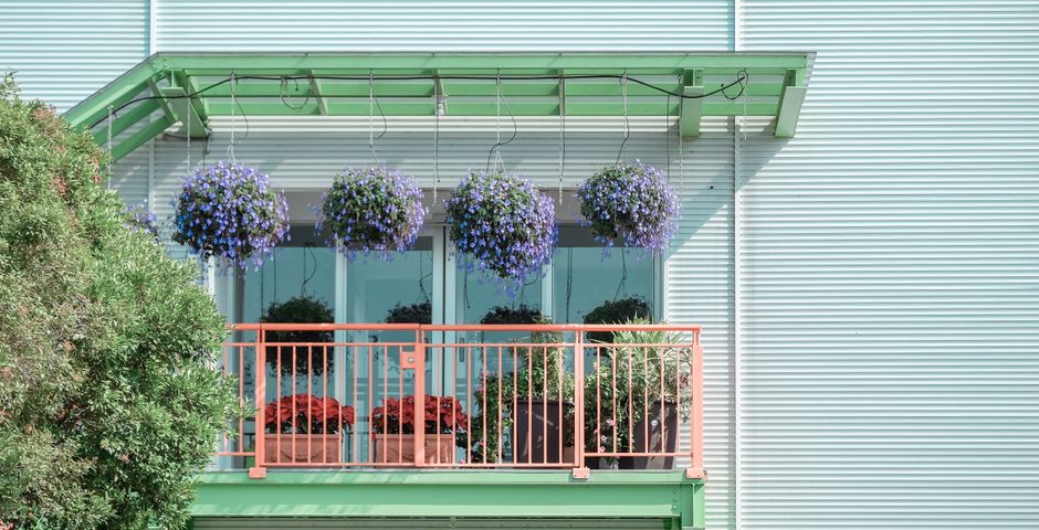 A balcony with hanging and potted plants — soil-filled planter boxes built into a structure are a route people never suspect