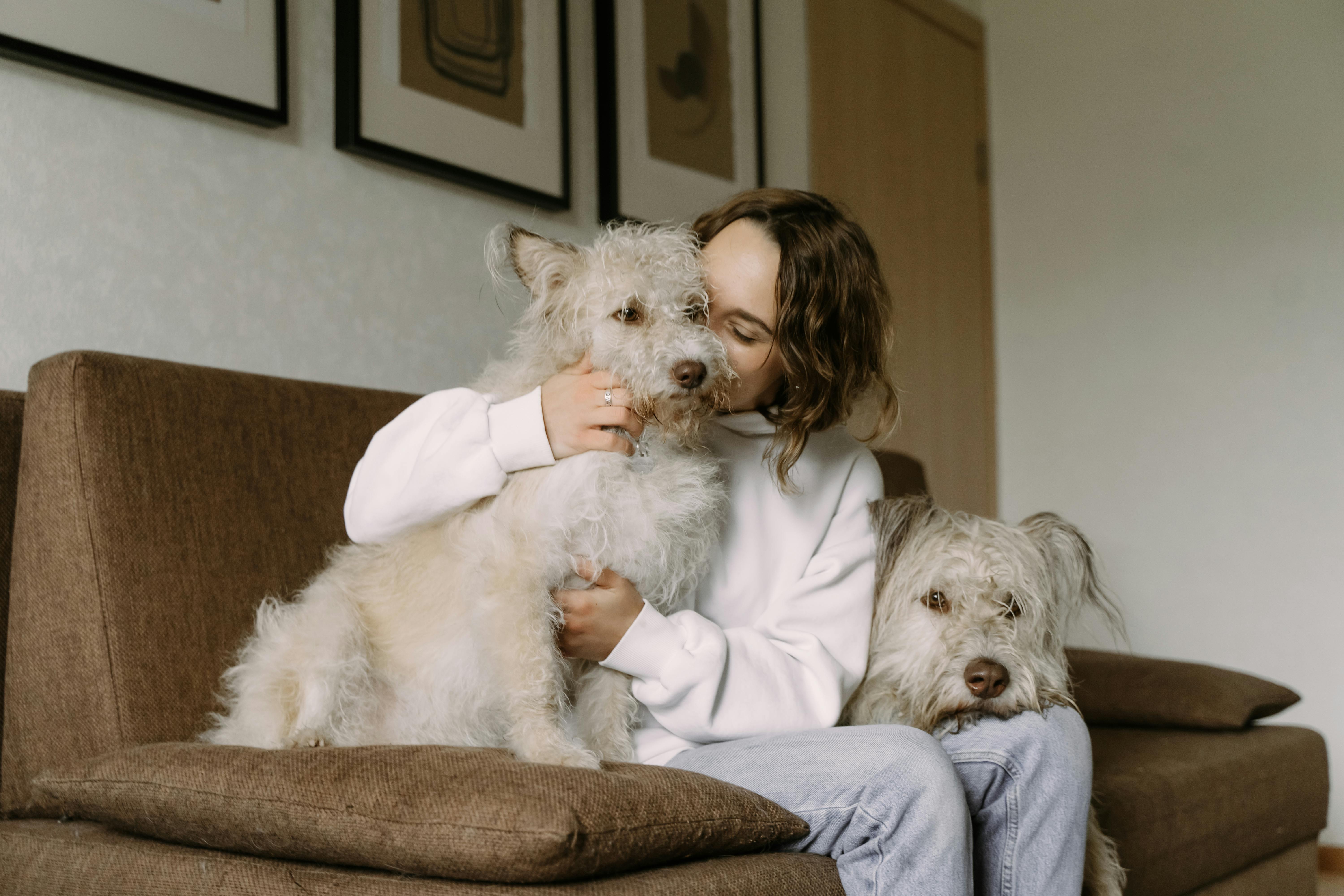 woman sitting on her couch with her dogs