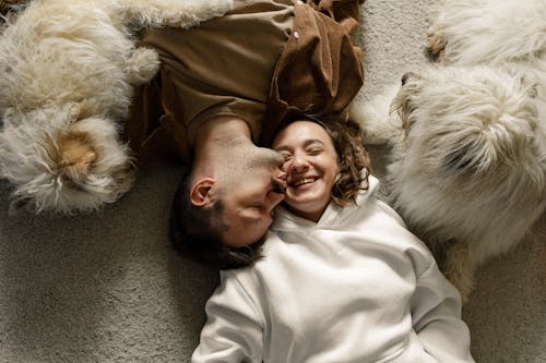 Free Couple Lying on the Carpet with Their Dogs Stock Photo