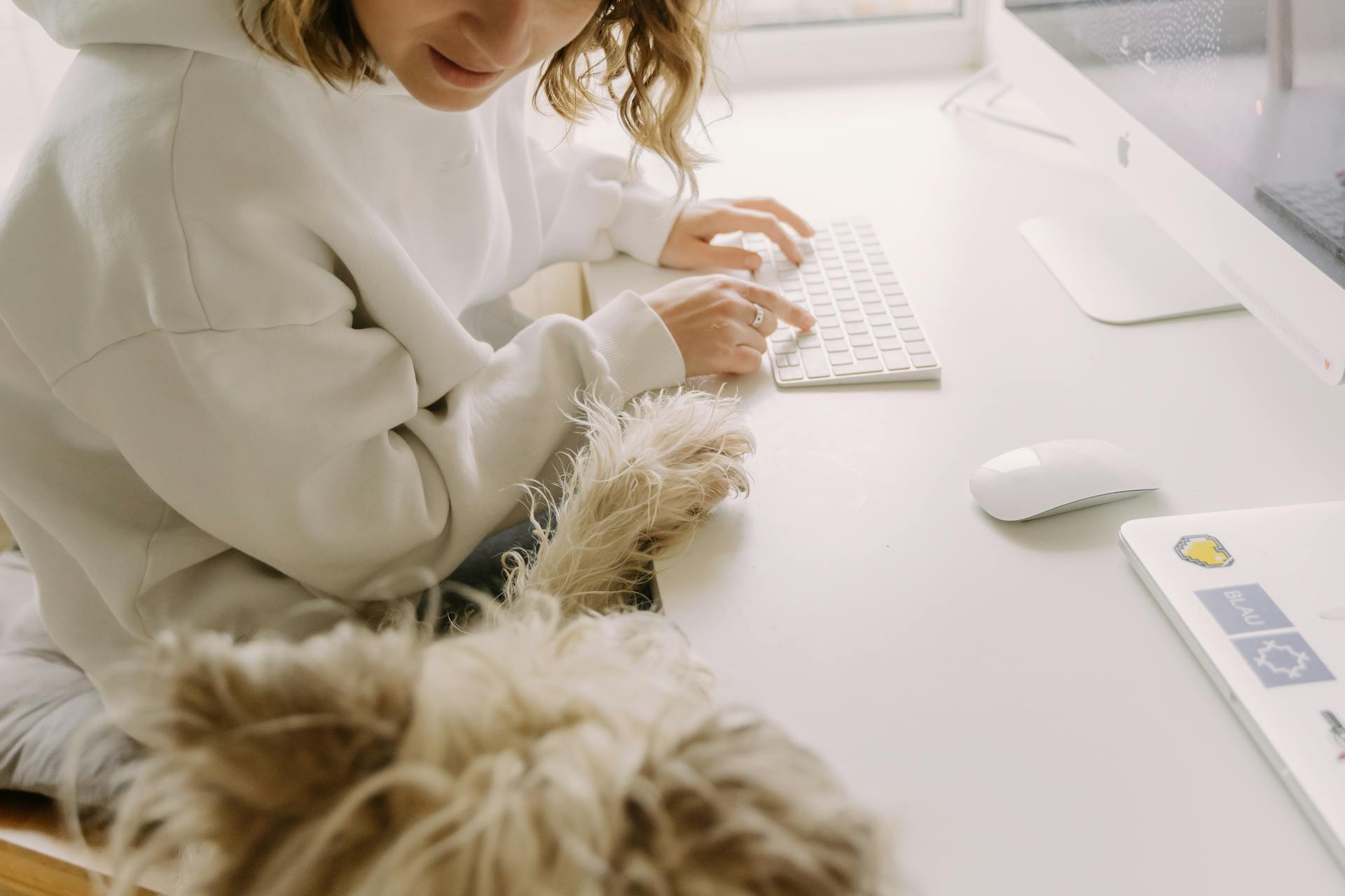 Woman with her Dog in Front of a Computer