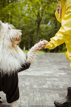 Dog in raincoat shaking hands with person in park on rainy day.