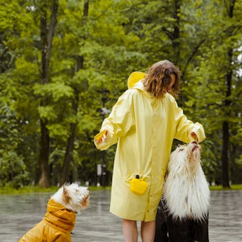 A woman in a yellow raincoat plays with her dogs in a rainy park.