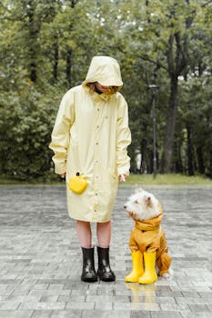 A woman and her dog wear matching yellow raincoats while standing in a rainy park.