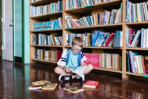 Boy in Blue and White Stripe Polo Shirt Sitting on Brown Wooden Table Reading Book