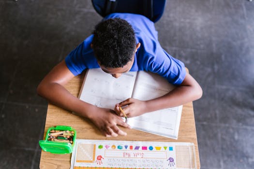 Overhead view of a young student focused on studying in a classroom setting.