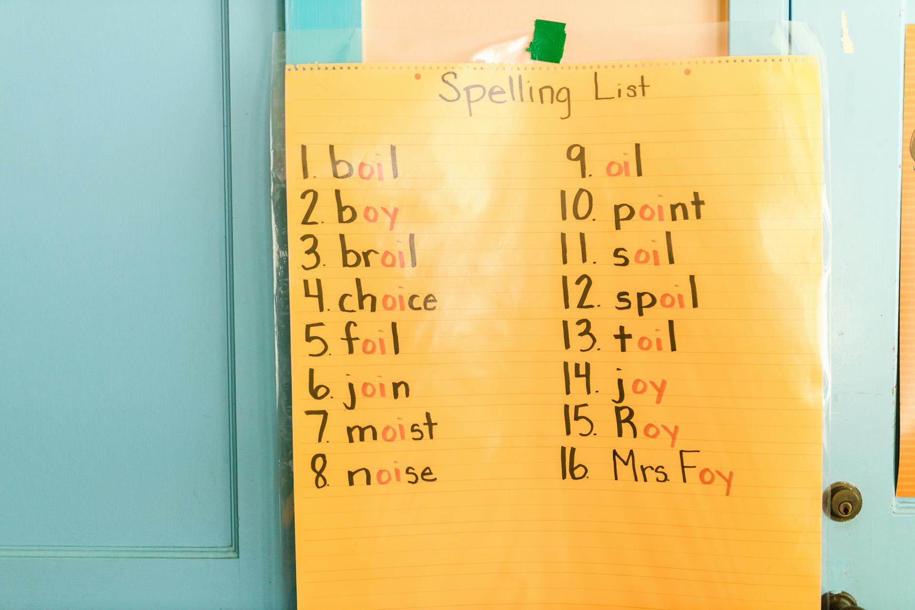 3rd grade spelling words list A handwritten 3rd grade spelling words list on colored paper displayed on a classroom wall, perfect for educational themes.